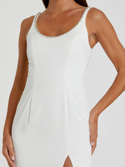 White Sleeveless Crystal Scoop Neckline Column Gown with High Slit