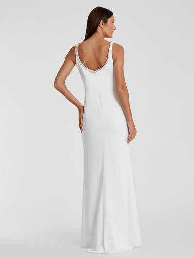 White Sleeveless Crystal Scoop Neckline Column Gown with High Slit