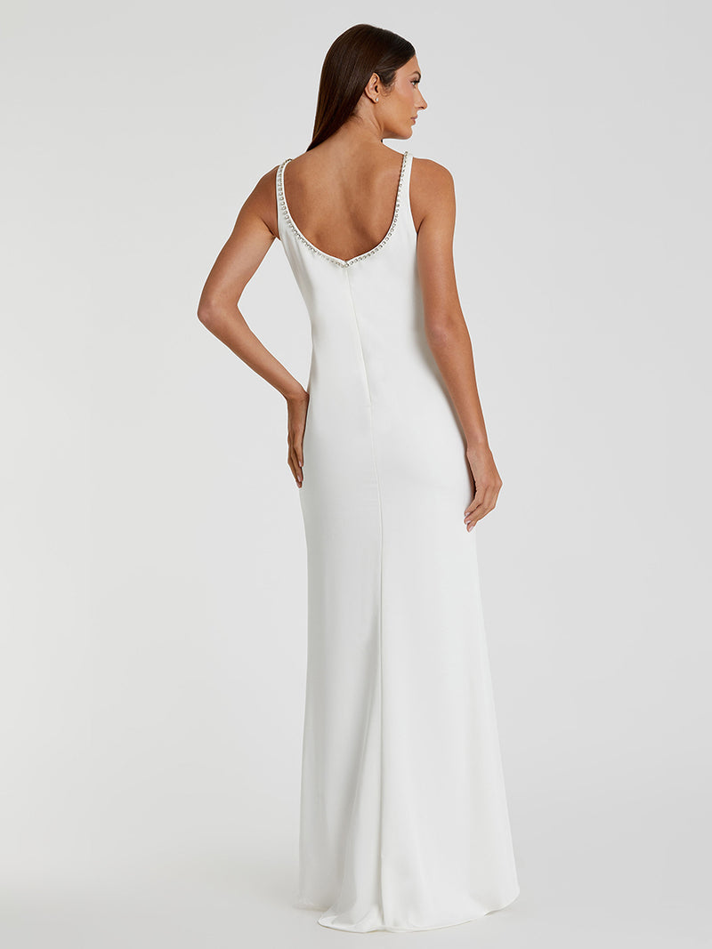 White Sleeveless Crystal Scoop Neckline Column Gown with High Slit