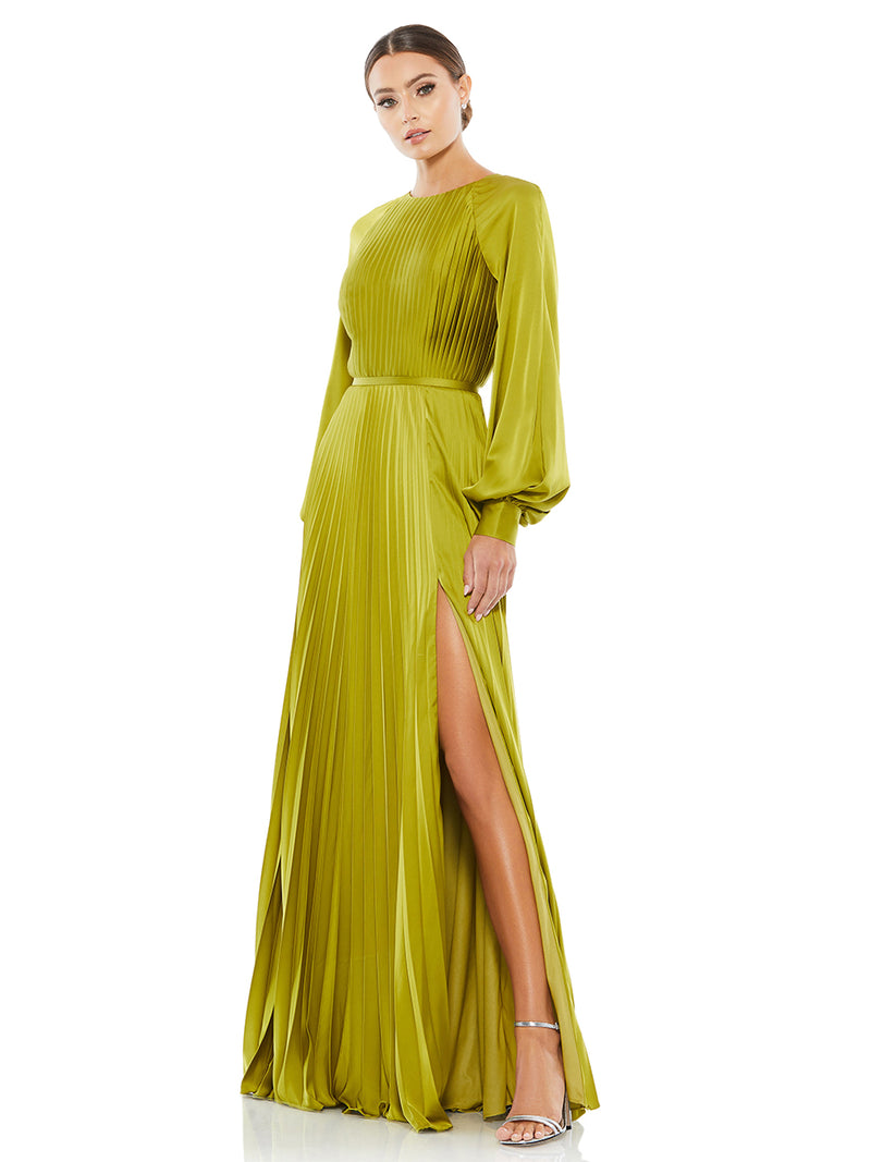 Pleated High Neck Raglan Long Sleeve Side Slit Gown