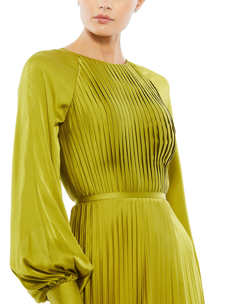 Pleated High Neck Raglan Long Sleeve Side Slit Gown