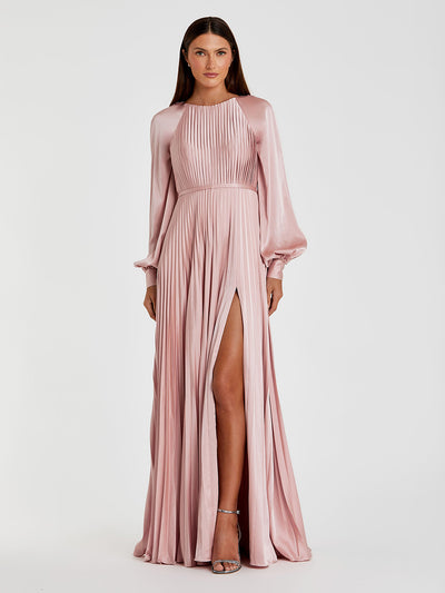 Pleated High Neck Raglan Long Sleeve Side Slit Gown