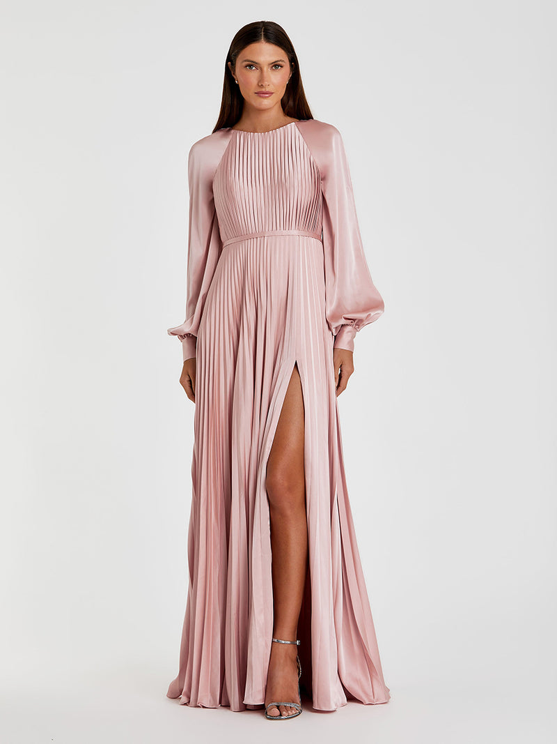 Pleated High Neck Raglan Long Sleeve Side Slit Gown