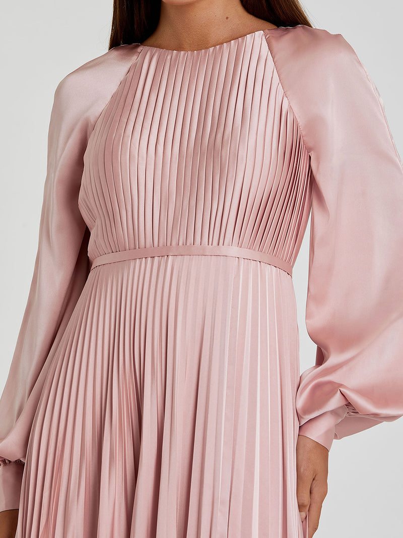 Pleated High Neck Raglan Long Sleeve Side Slit Gown