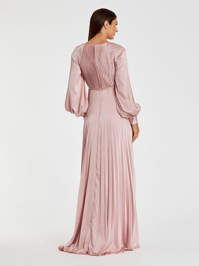 Pleated High Neck Raglan Long Sleeve Side Slit Gown