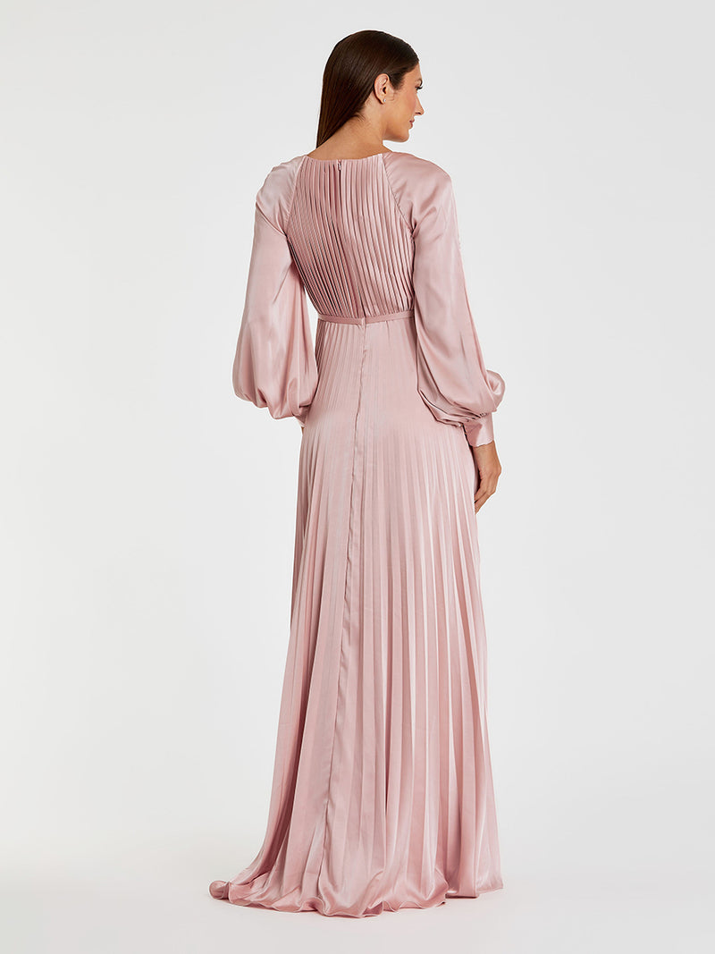 Pleated High Neck Raglan Long Sleeve Side Slit Gown