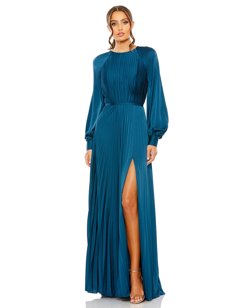 Pleated High Neck Raglan Long Sleeve Side Slit Gown