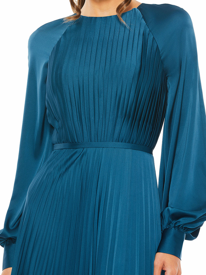 Pleated High Neck Raglan Long Sleeve Side Slit Gown