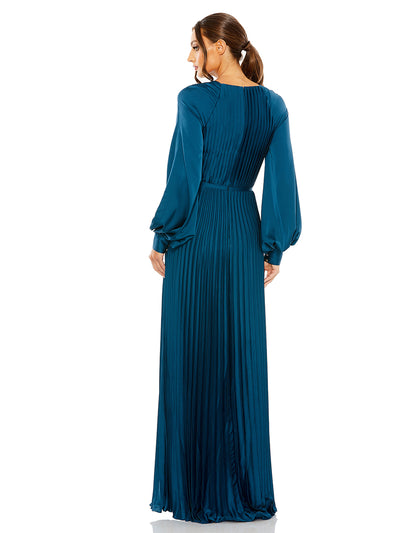 Pleated High Neck Raglan Long Sleeve Side Slit Gown