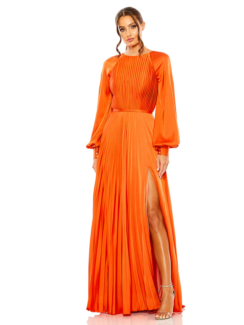 Pleated High Neck Raglan Long Sleeve Side Slit Gown