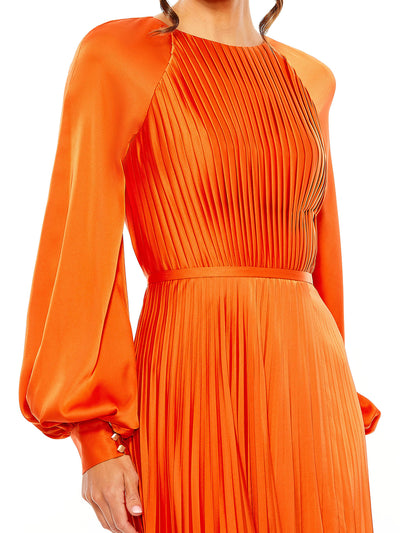 Pleated High Neck Raglan Long Sleeve Side Slit Gown