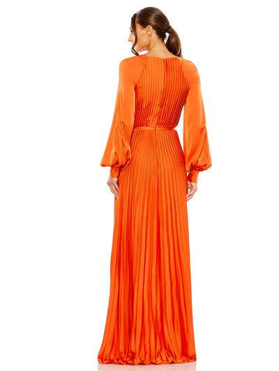 Pleated High Neck Raglan Long Sleeve Side Slit Gown