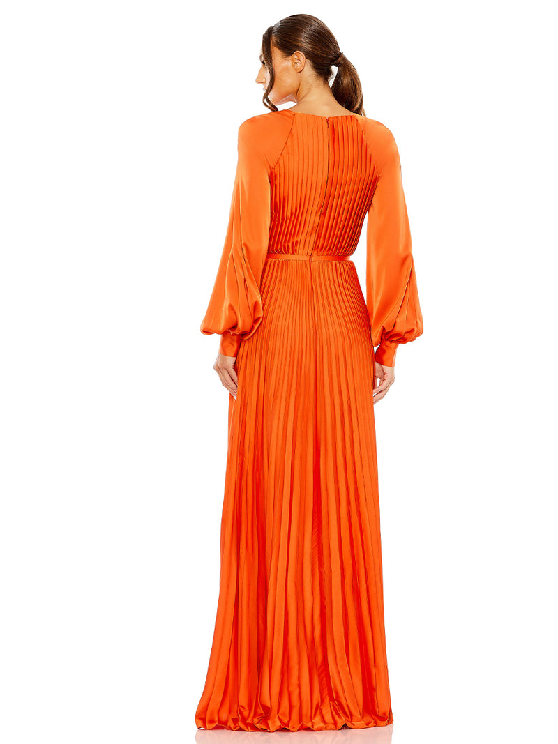 Pleated High Neck Raglan Long Sleeve Side Slit Gown