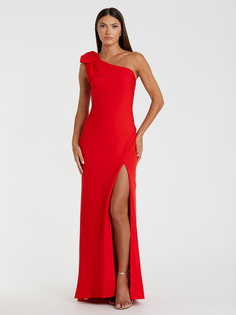 Red Crepe One Shoulder Bow Gown