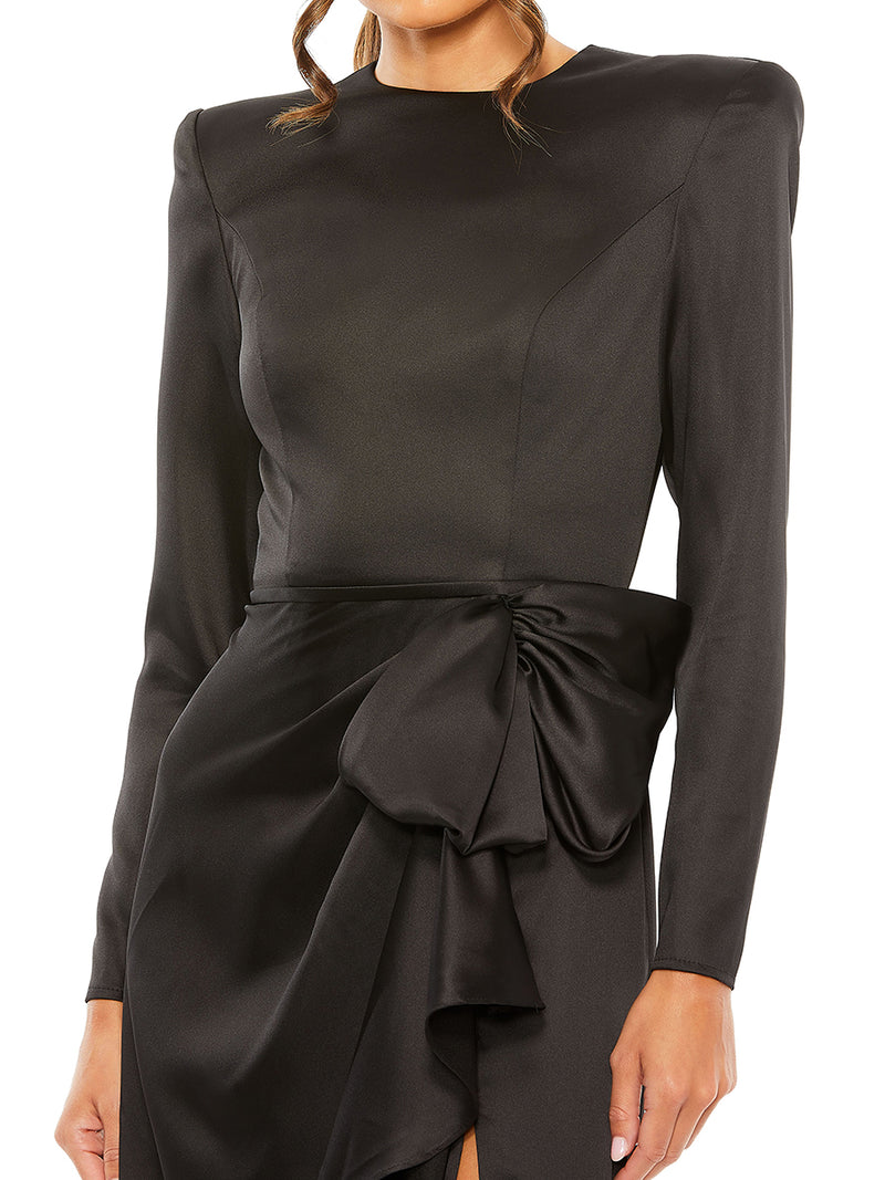Long Sleeve Satin Structured Bow Draped Column Gown