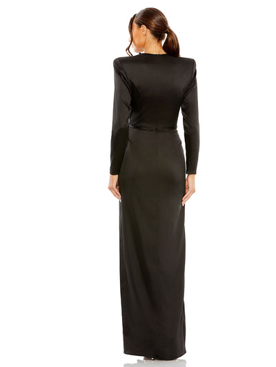 Long Sleeve Satin Structured Bow Draped Column Gown