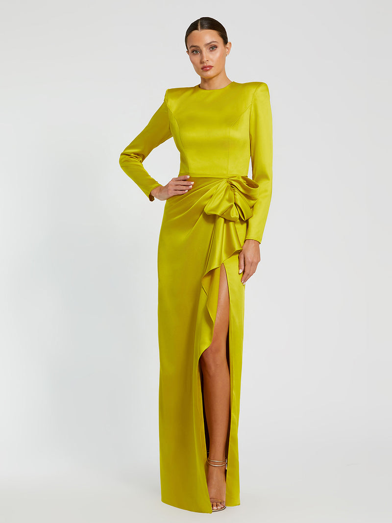 Long Sleeve Satin Structured Bow Draped Column Gown