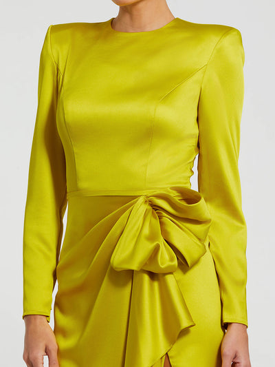 Long Sleeve Satin Structured Bow Draped Column Gown