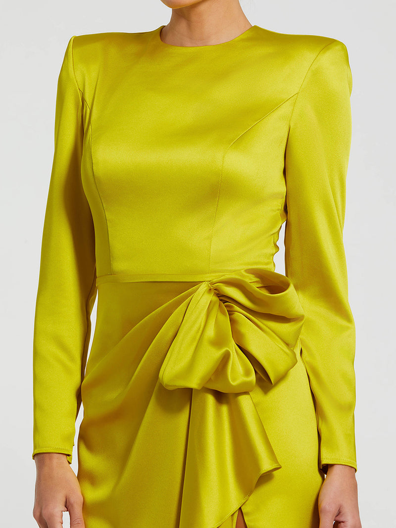 Long Sleeve Satin Structured Bow Draped Column Gown