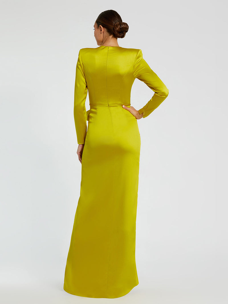 Long Sleeve Satin Structured Bow Draped Column Gown