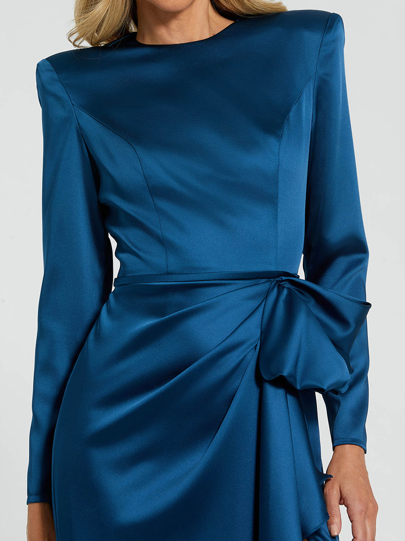 Long Sleeve Satin Structured Bow Draped Column Gown