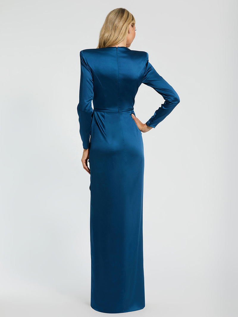 Long Sleeve Satin Structured Bow Draped Column Gown