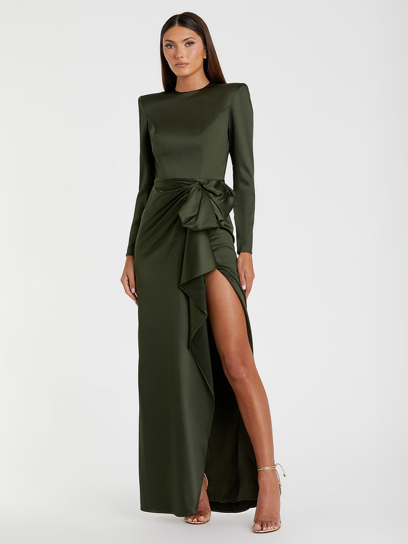 Long Sleeve Satin Structured Bow Draped Column Gown