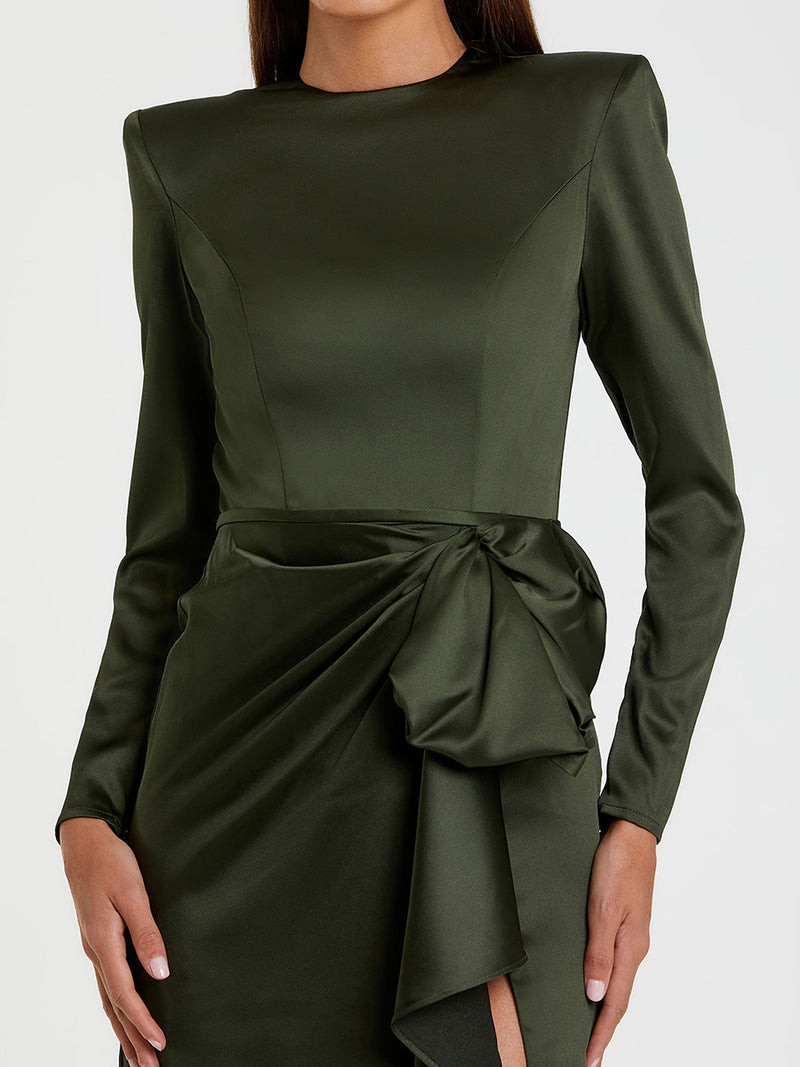 Long Sleeve Satin Structured Bow Draped Column Gown