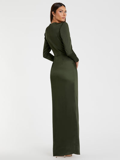 Long Sleeve Satin Structured Bow Draped Column Gown