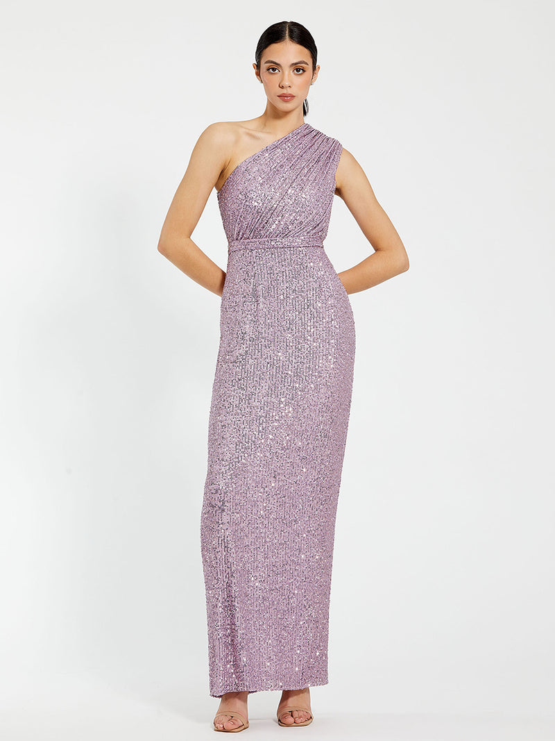 Sequined Ruched One Shoulder Gown
