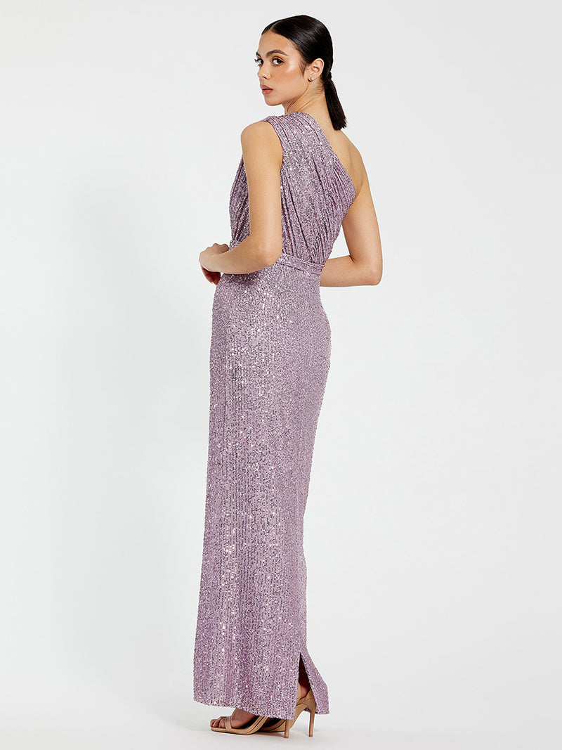 Sequined Ruched One Shoulder Gown