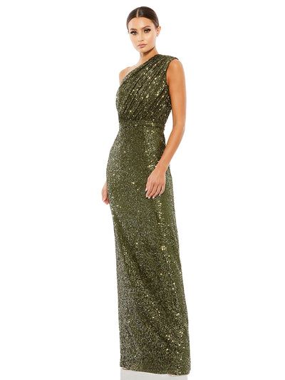 Sequined Ruched One Shoulder Gown