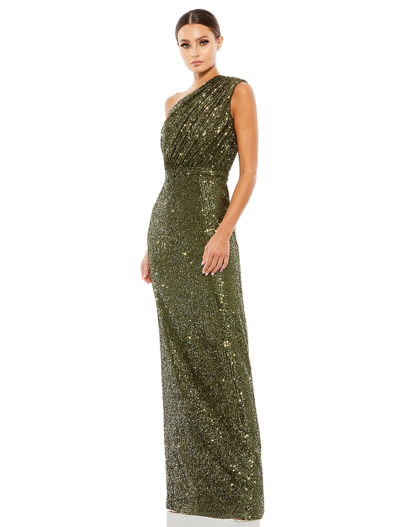Sequined Ruched One Shoulder Gown