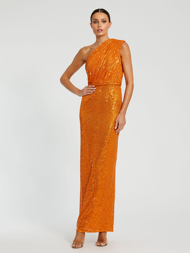 Sequined Ruched One Shoulder Gown