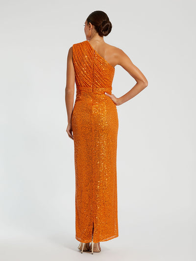 Sequined Ruched One Shoulder Gown