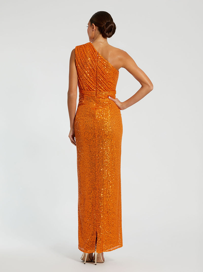 Sequined Ruched One Shoulder Gown