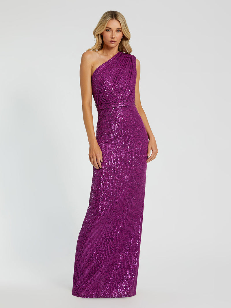 Sequined Ruched One Shoulder Gown