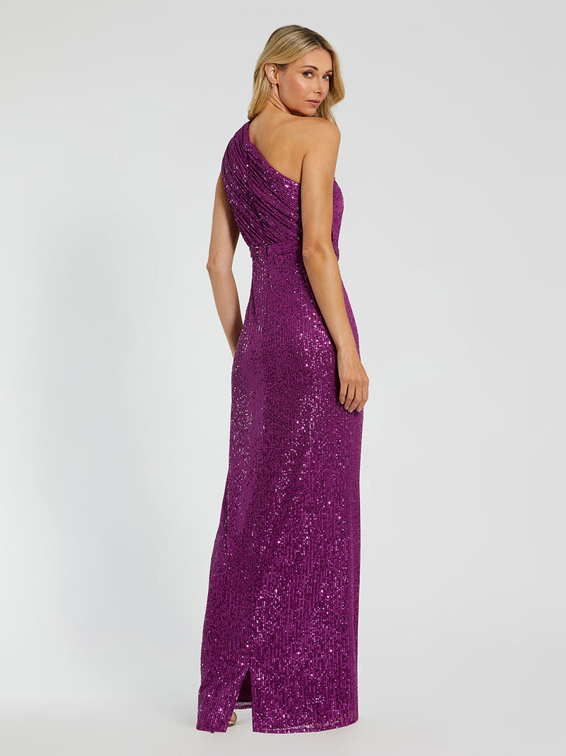 Sequined Ruched One Shoulder Gown