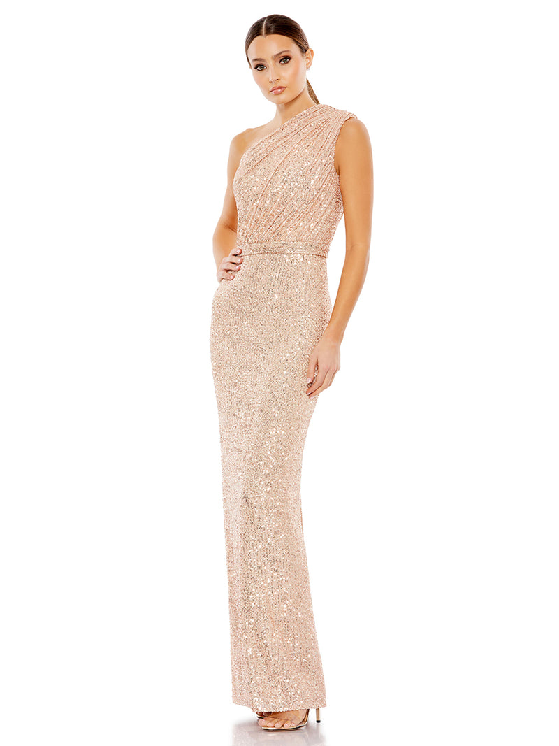 Sequined Ruched One Shoulder Gown