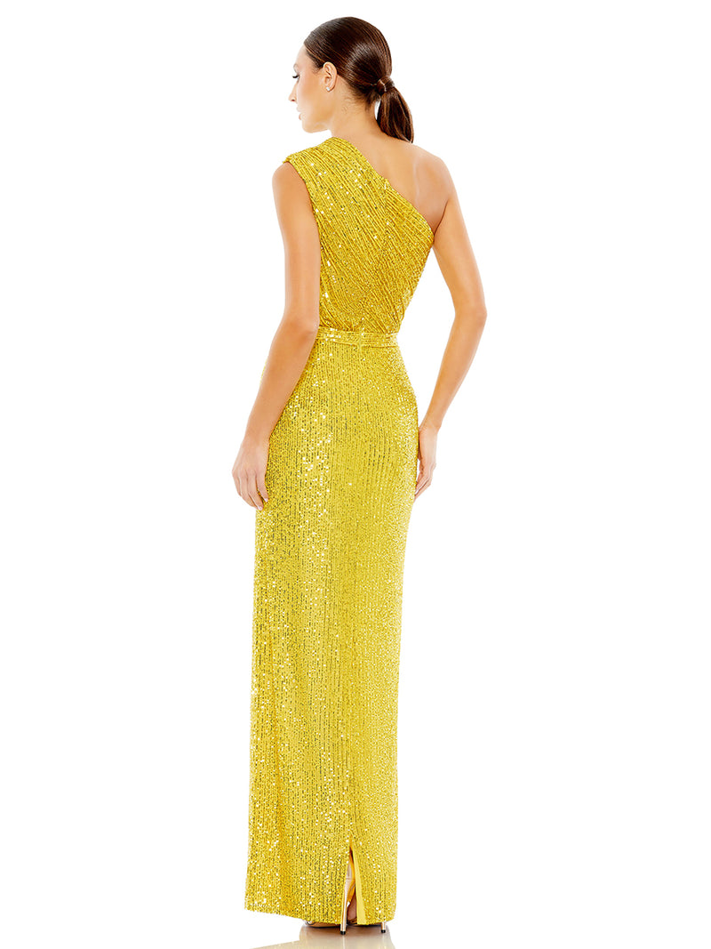 Sequined Ruched One Shoulder Gown