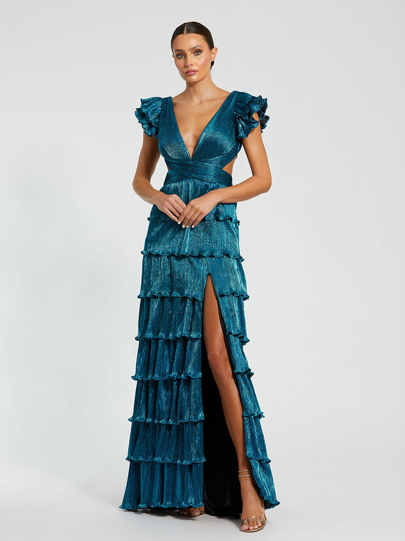 Ruffle Tiered Criss Cross Lace Up Gown