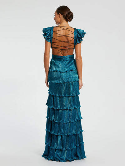 Ruffle Tiered Criss Cross Lace Up Gown