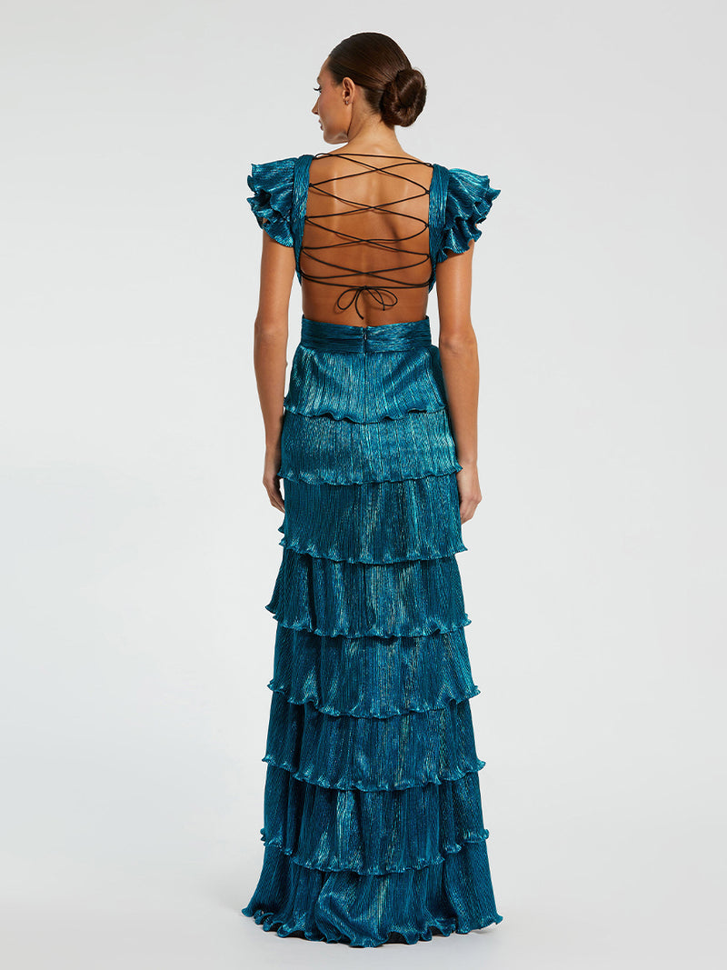Ruffle Tiered Criss Cross Lace Up Gown