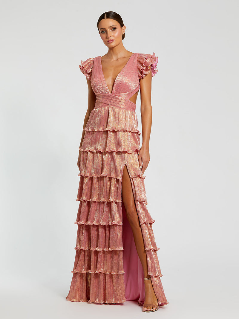 Ruffle Tiered Criss Cross Lace Up Gown