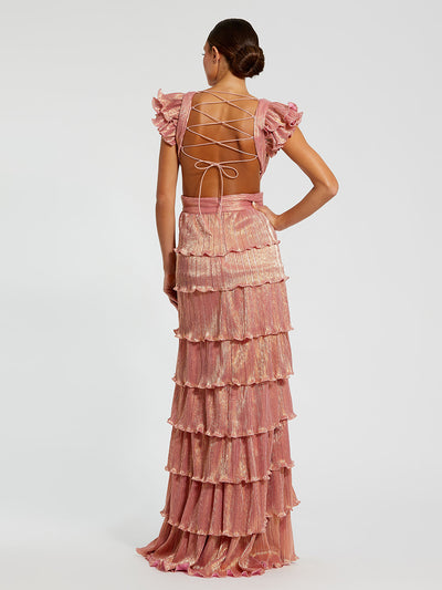 Ruffle Tiered Criss Cross Lace Up Gown