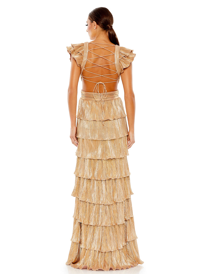 Ruffle Tiered Criss Cross Lace Up Gown