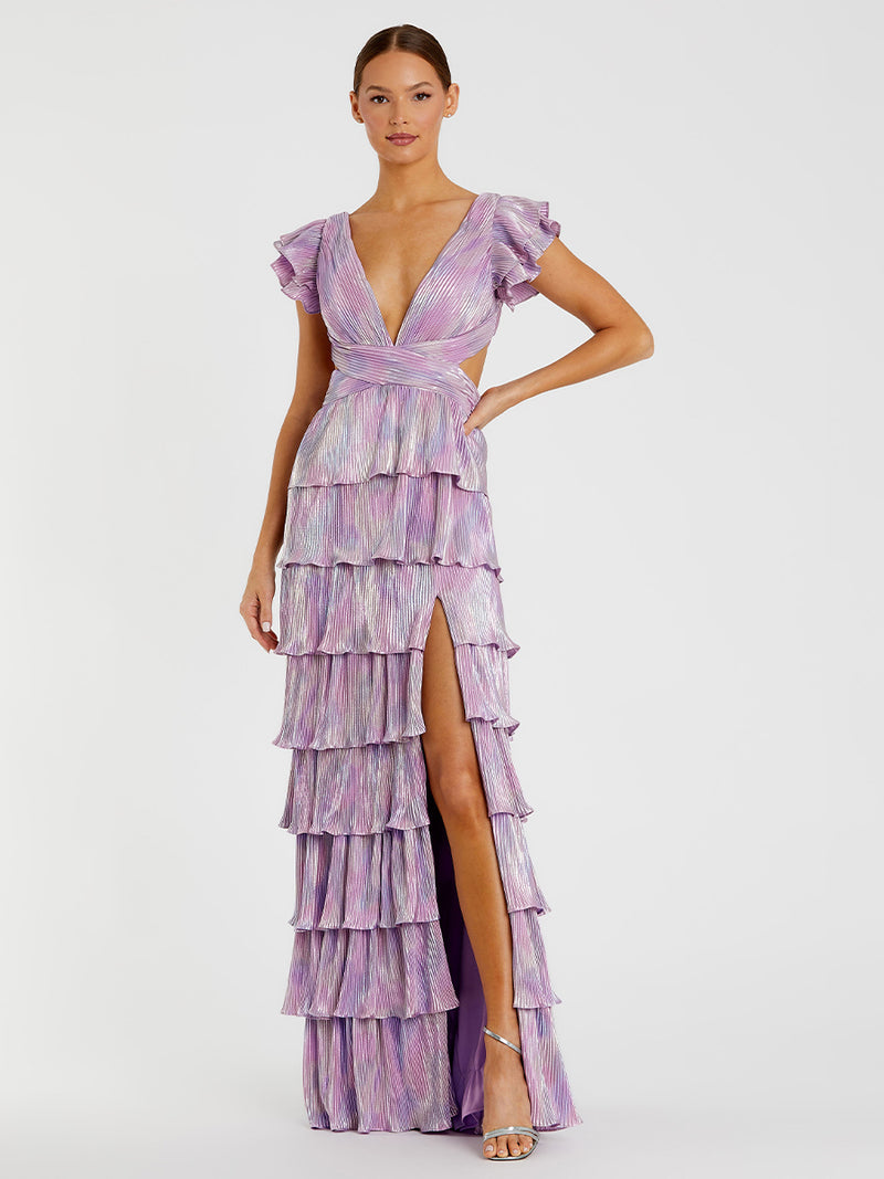 Ruffle Tiered Criss Cross Lace Up Gown