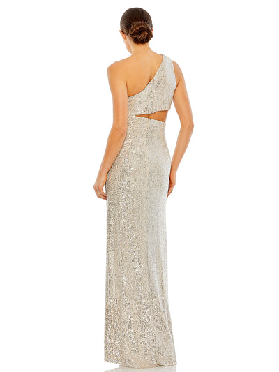 Silver and Beige Sequin One Shoulder Cut Out Gown
