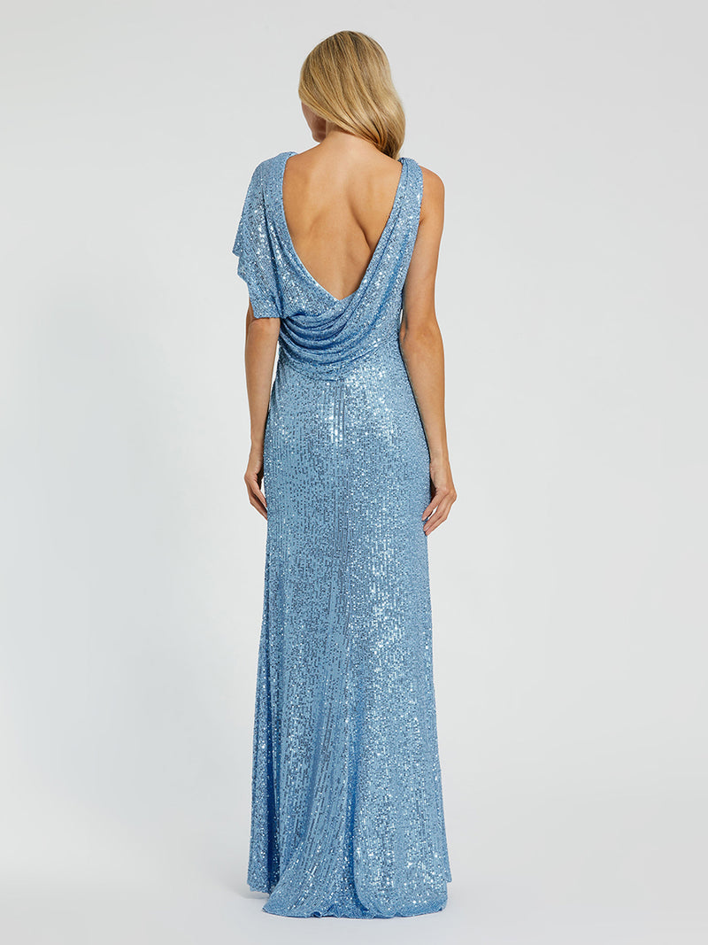 Blue Sequined Asymmetrical Draped Trumpet Gown