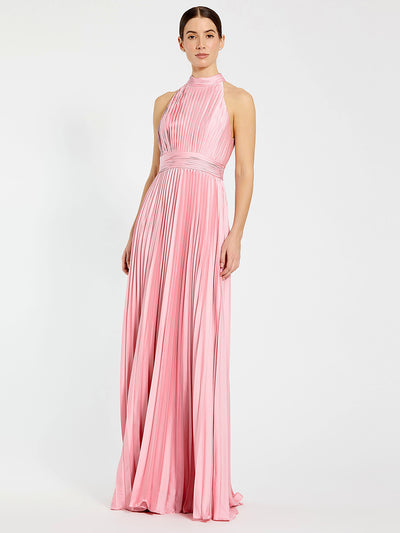 Pink Pleated High Neck Satin Sleeveless Halter Gown